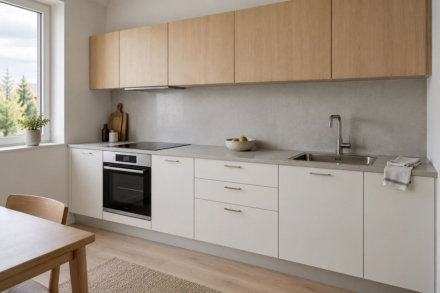 Application illustration of a kitchen with light woodgrain upper cabinets and cream lower cabinets